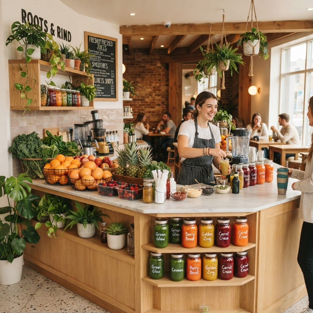 The JUICE4YOURSOUL juice bar counter with fresh fruit